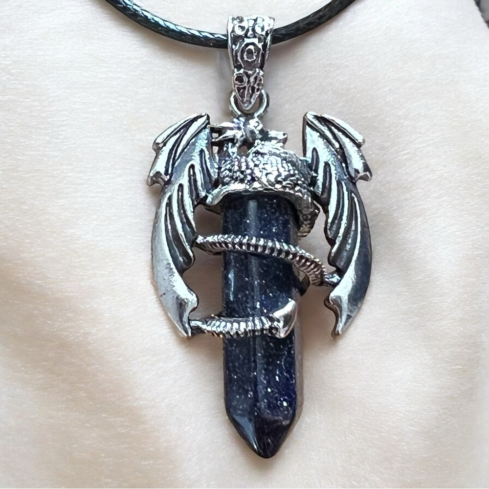 New Dragon Blue Sandstone Hexagonal Amulet Chakra Pendant Necklace w Cord